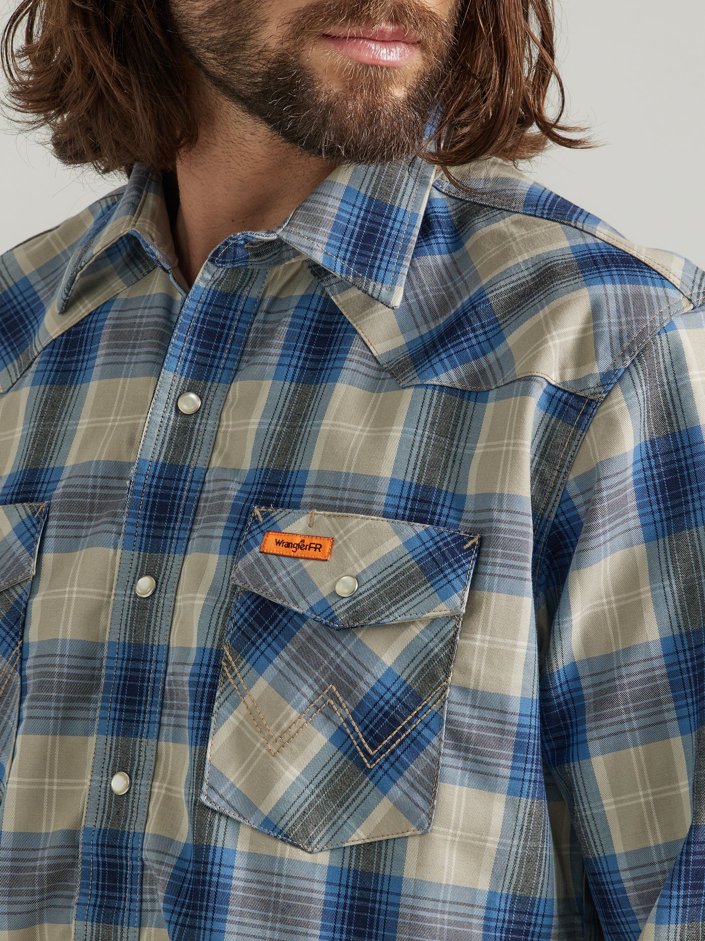 Wrangler® FR Western Snap Shirt - Tan/Blue 112319160