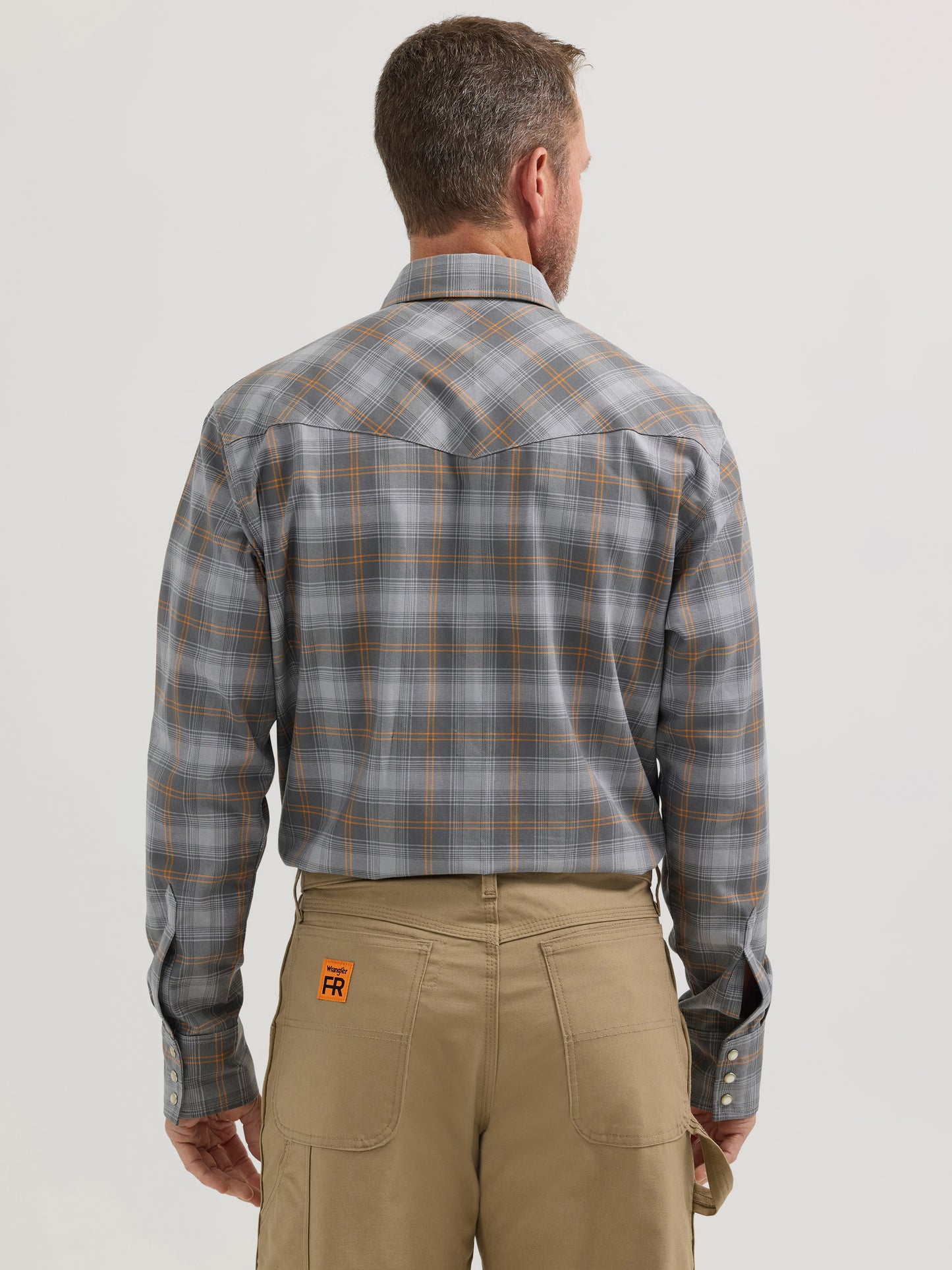 Wrangler® FR Long Sleeve Snap Workshirt - Grey/Orange Plaid 112350737