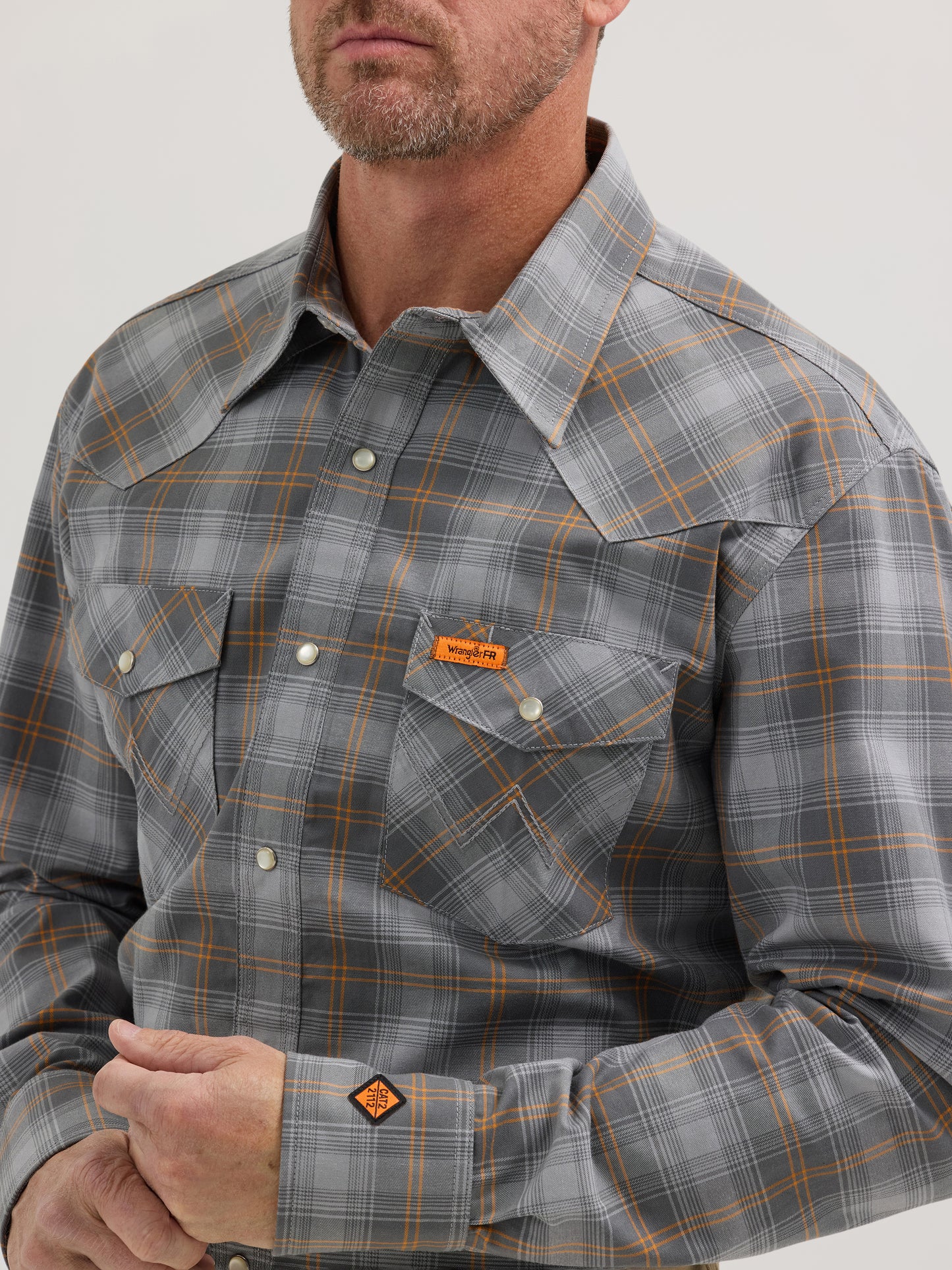 Wrangler® FR Long Sleeve Snap Workshirt - Grey/Orange Plaid 112350737
