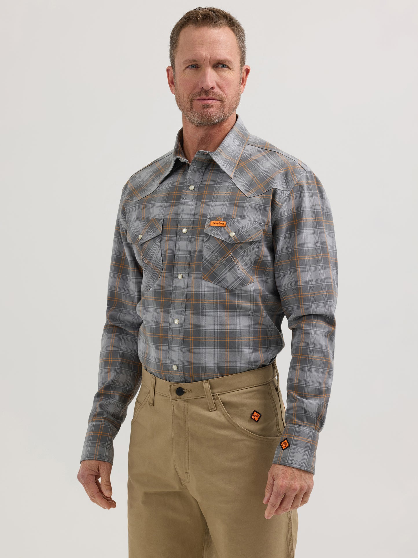 Wrangler® FR Long Sleeve Snap Workshirt - Grey/Orange Plaid 112350737