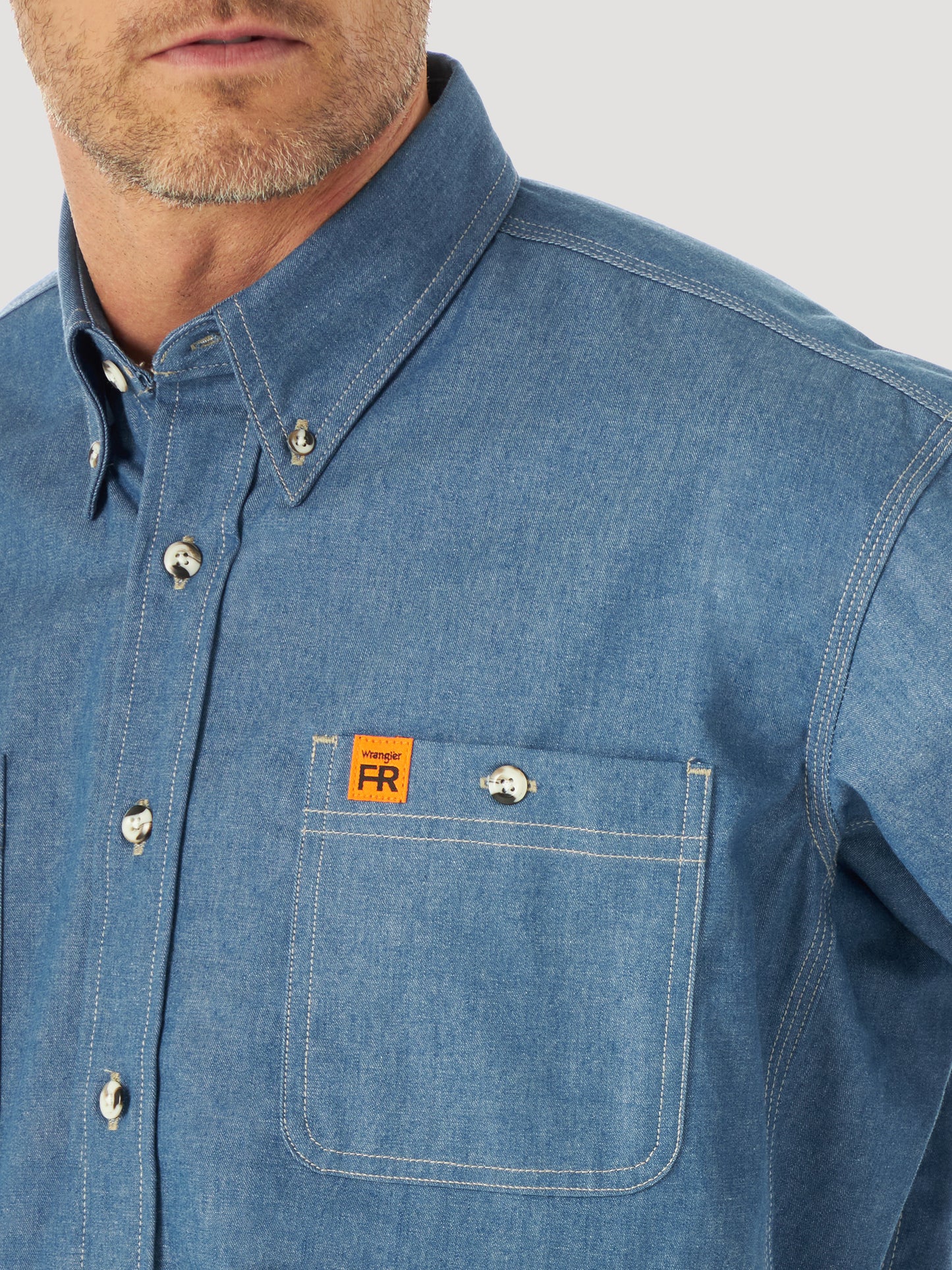 Wrangler® FR Flame Resistant Long Sleeve Work Shirt - Blue Chambray FR3W01B