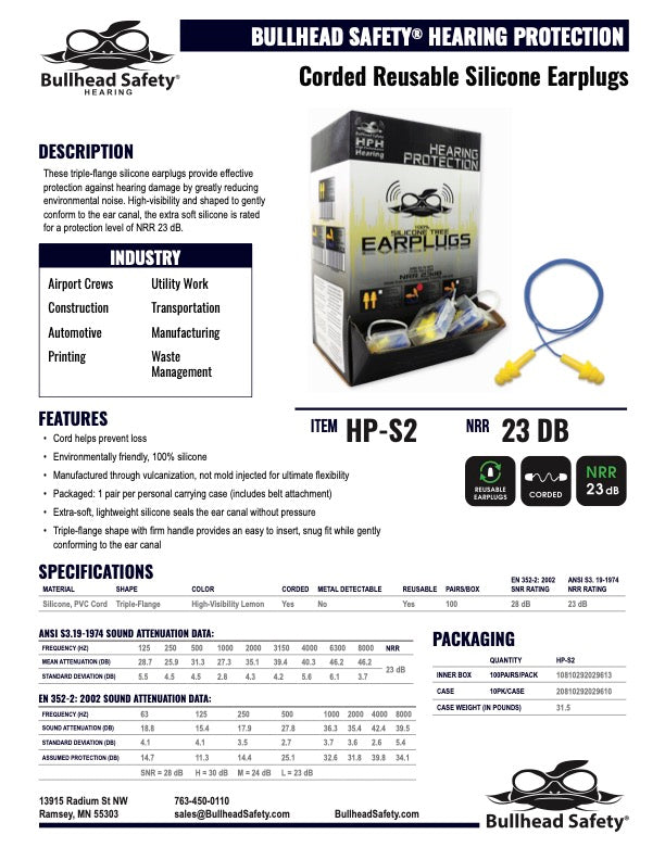 Bullhead Safety HP-S2 Corded Reusable Silicone Earplugs (100) Pairs