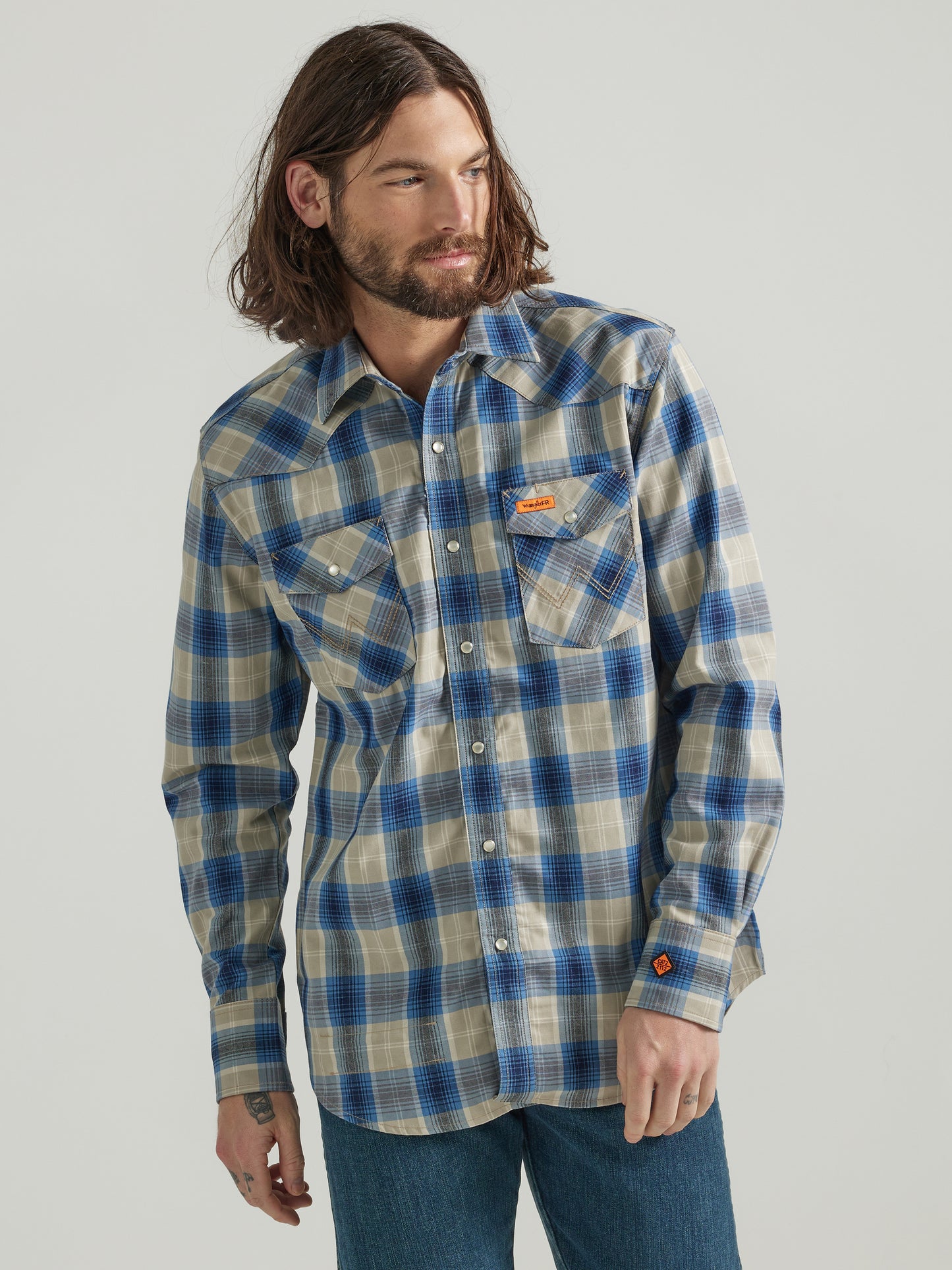 Wrangler® FR Western Snap Shirt - Tan/Blue 112319160