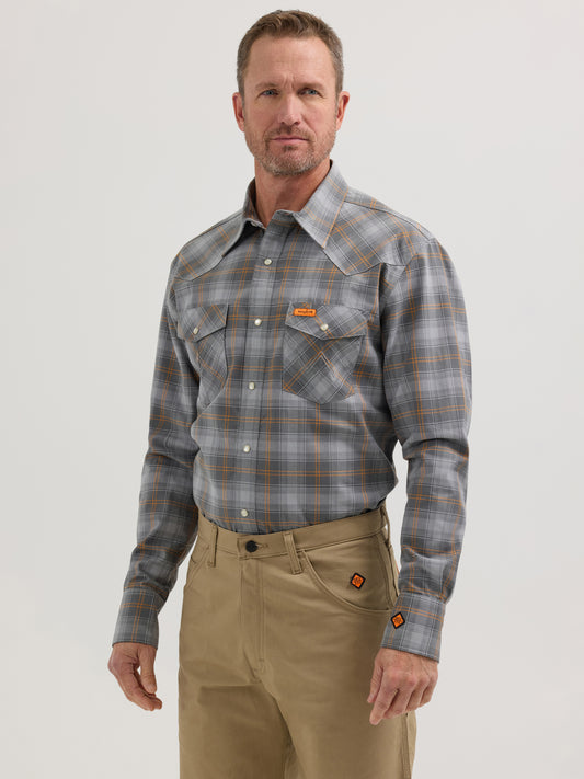 Wrangler® FR Long Sleeve Snap Workshirt - Grey/Orange Plaid 112350737