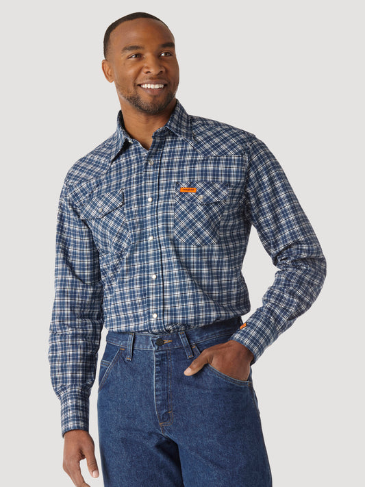 Wrangler® FR Flame Resistant Long Sleeve Work Shirt - Navy Plaid FR122BW