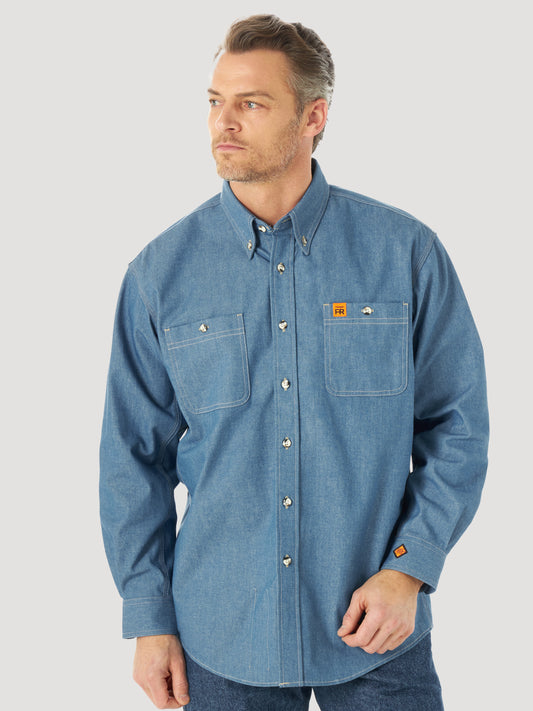 Wrangler® FR Flame Resistant Long Sleeve Work Shirt - Blue Chambray FR3W01B