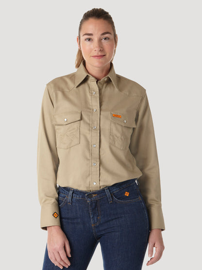Womens Wrangler® FR Flame Resistant Long Sleeve Shirt - Khaki FRLW06T