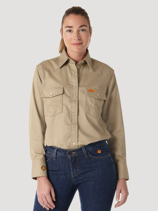 Womens Wrangler® FR Flame Resistant Long Sleeve Shirt - Khaki FRLW06T